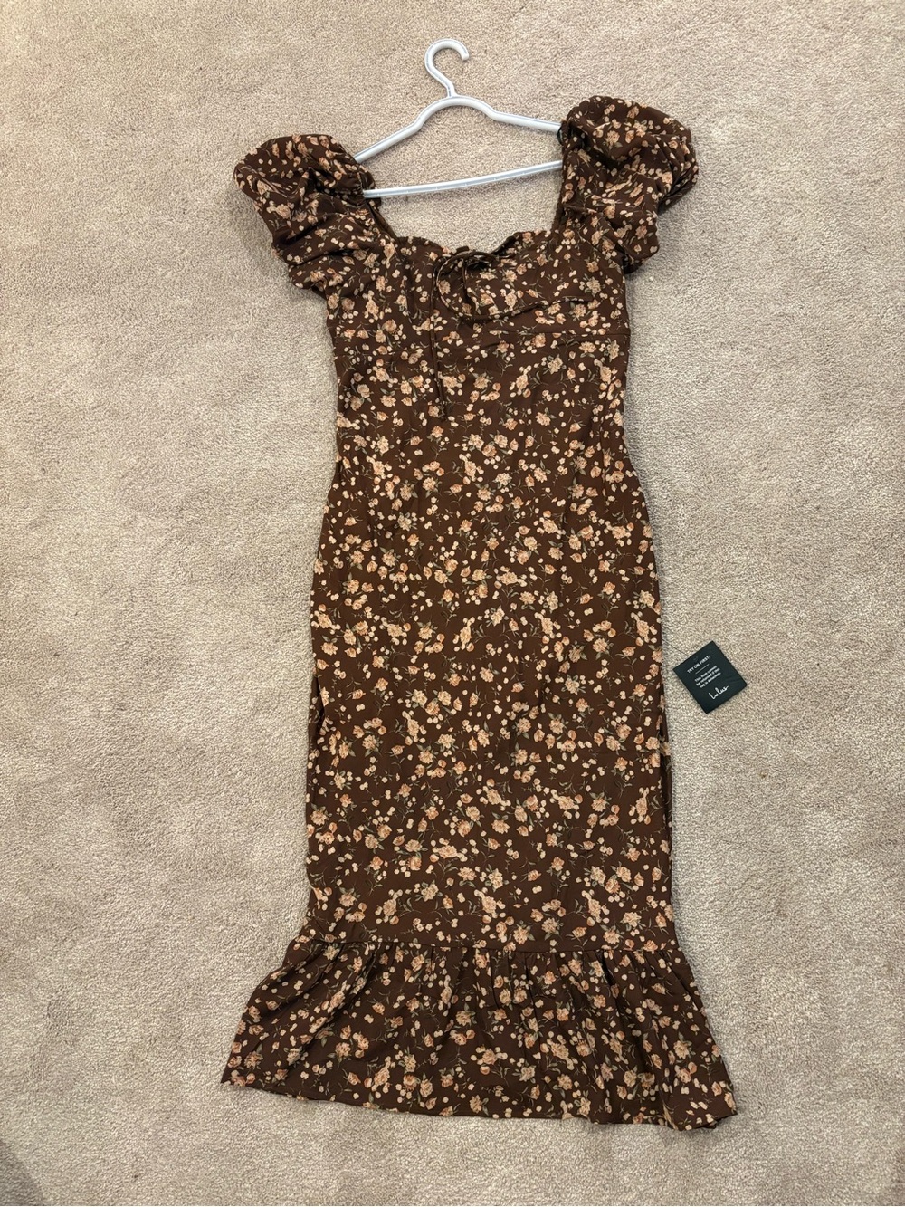 Brown Floral Puff-Sleeve Midi Dress